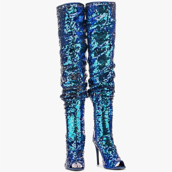 Women's Peep Toe, Thigh High Slouch, Zipper, Sequin Over The Knee Boots US9 EU40 - Picture 3 of 12